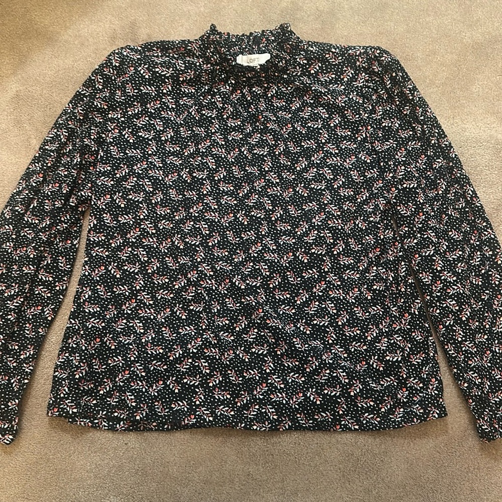 Loft, long sleeve blouse with mock neck, black, size large